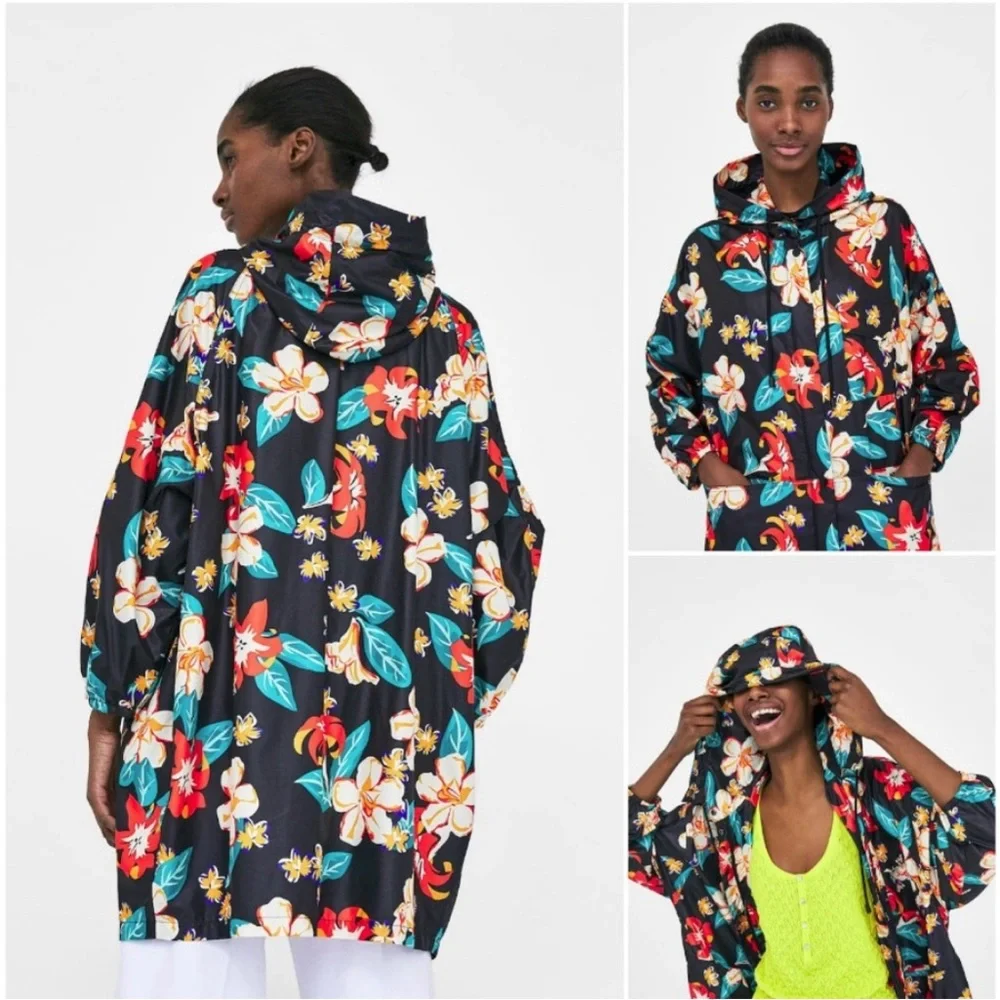 Zara Oversized Floral Hooded Raincoat Size Medium - Picture 3 of 10